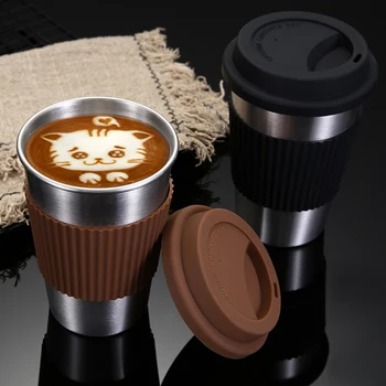 

500 ML Stainless Steel Coffee Cups with Silicone Lids Non-slip Anti-scalding Sleeves Case Drinking Tumblers Beer Water Tea Mugs