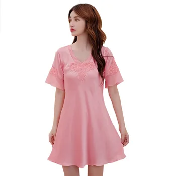 

Nightdress Women Summer Ice Silk Short Sleeve Sweet Women'S Pajamas Thin Lovely Loose Home Clothes Spring And Autumn