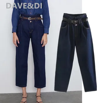 

Dave&Di 2020 mom jeans woman england style vintage collect waist with belt high waist jeans loose boyfriend jeans for women