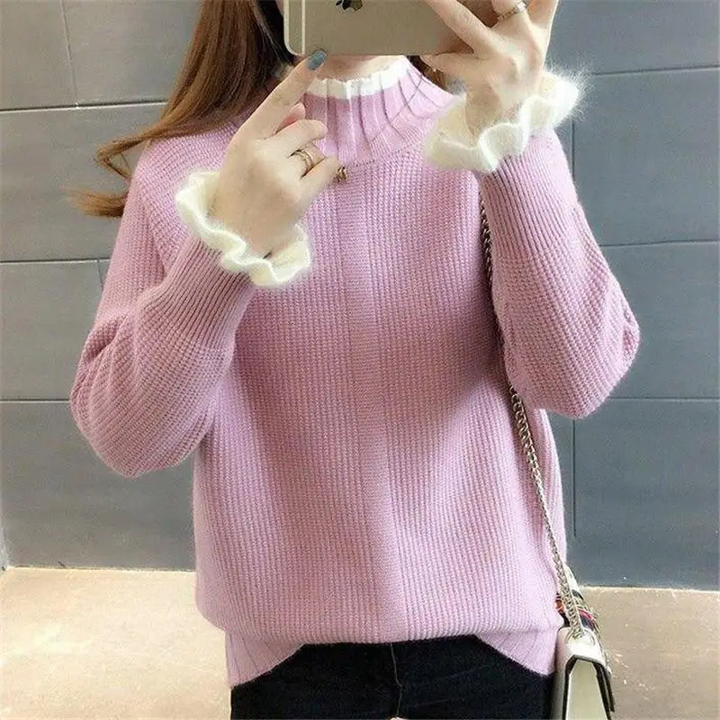 Зимние женские милые свободные полуводолазки трикотажные пуловеры свитер женский толстый плюс бархатный низ Трикотаж Джемпер X63 - Цвет: pink no velvet