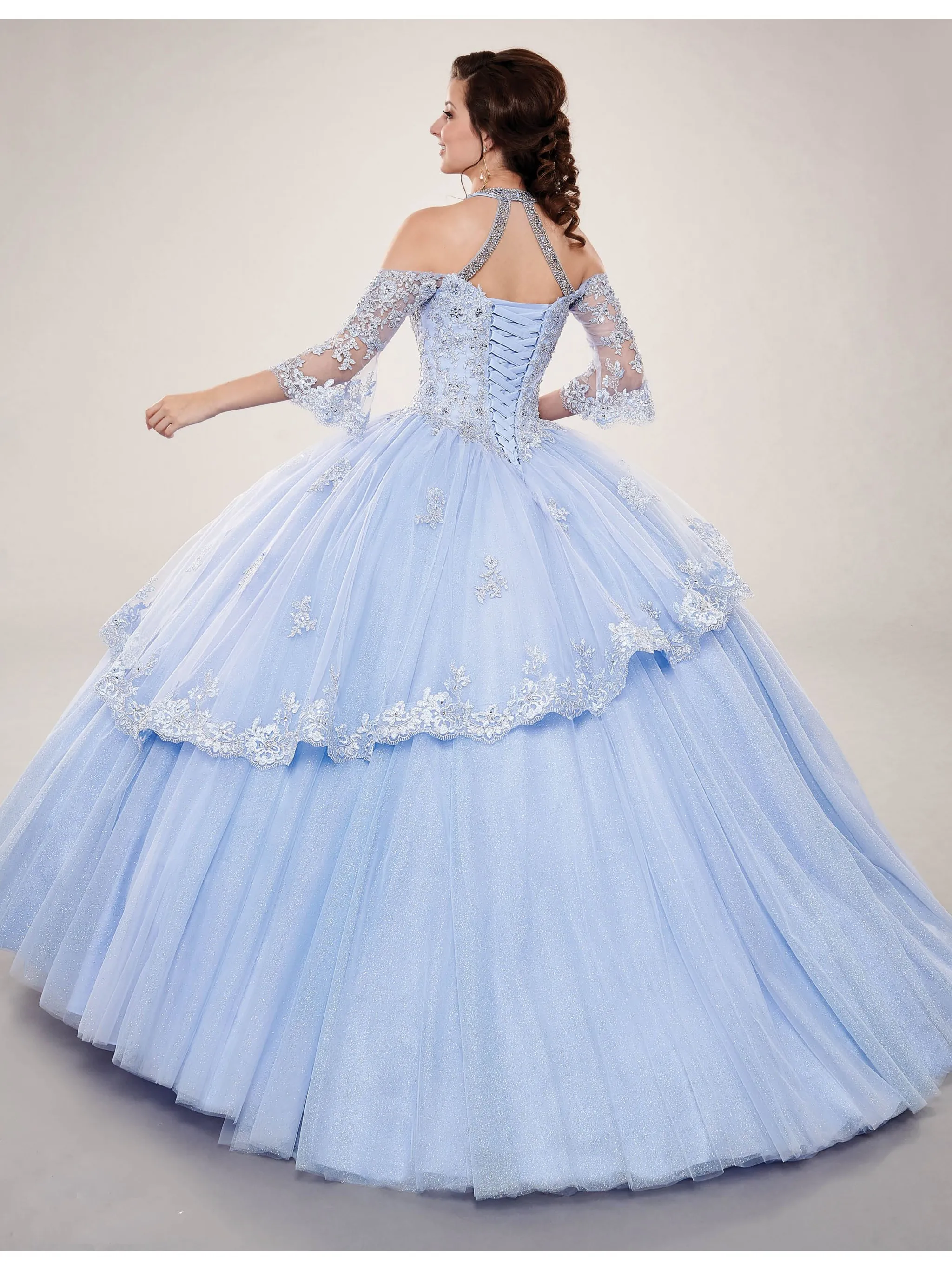 CloverBridal Lace Appliques ¾ Sleeves Quinceanera Gown Sparkling Tulle vestidos de 15 años 2021 vestido quinceanera 15 WQ9821 image_2