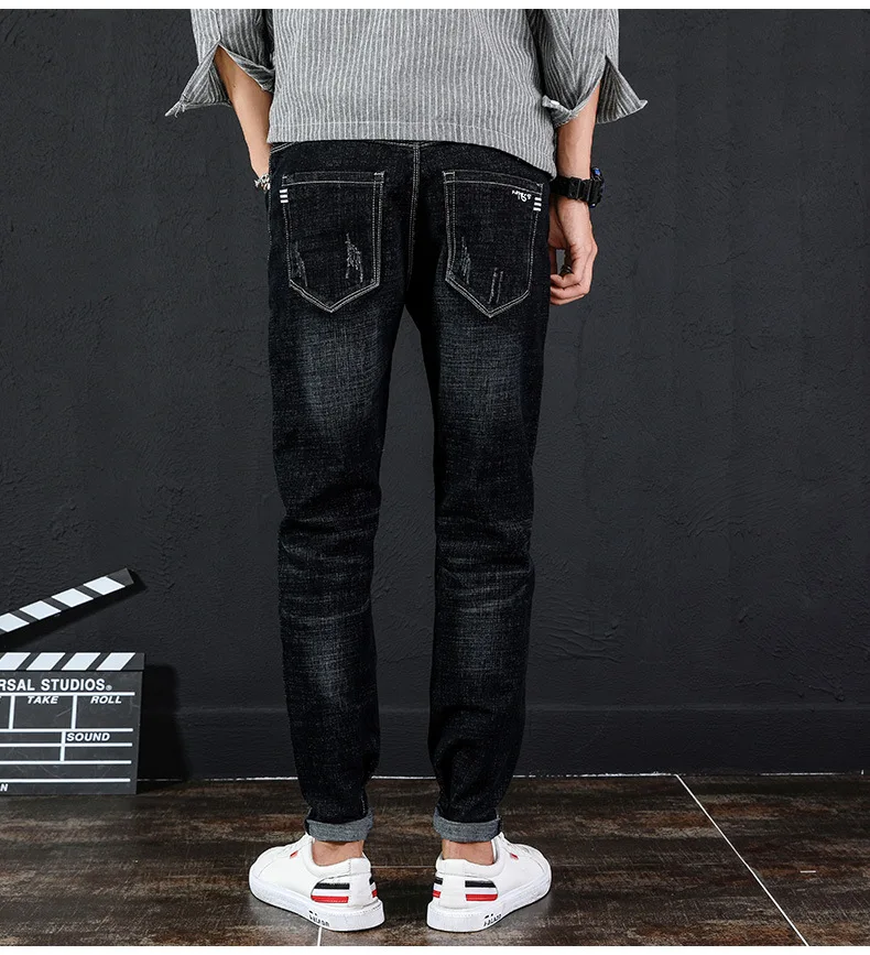 Осень и зима стиль джинсы мужские корейский стиль Slim Fit тренд Молодежные мужские зауженные повседневные брюки эластичные ковбойские длинные брюки