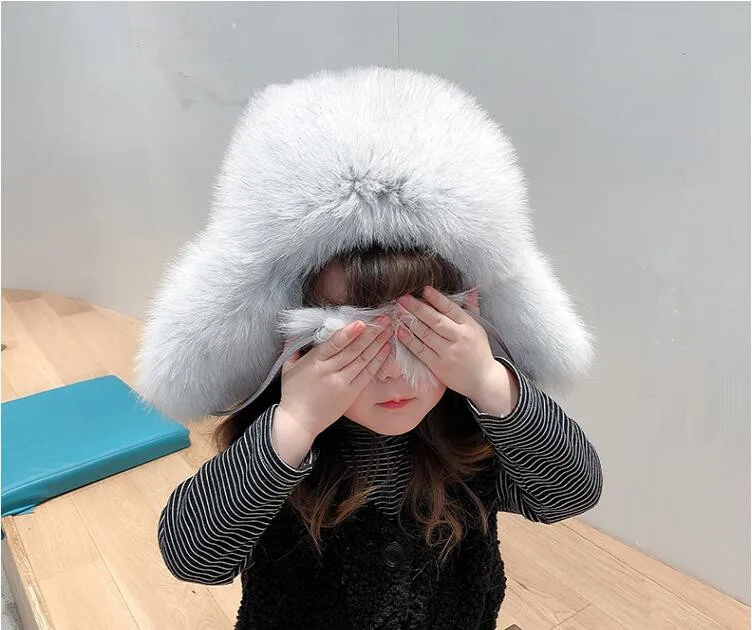 100% echt Fox pelz Mädchen der Russische Uschanka Trapper Schnee Skifahren Hüte Caps Earflap Winter Kind Bomber Hut – Detail 14
