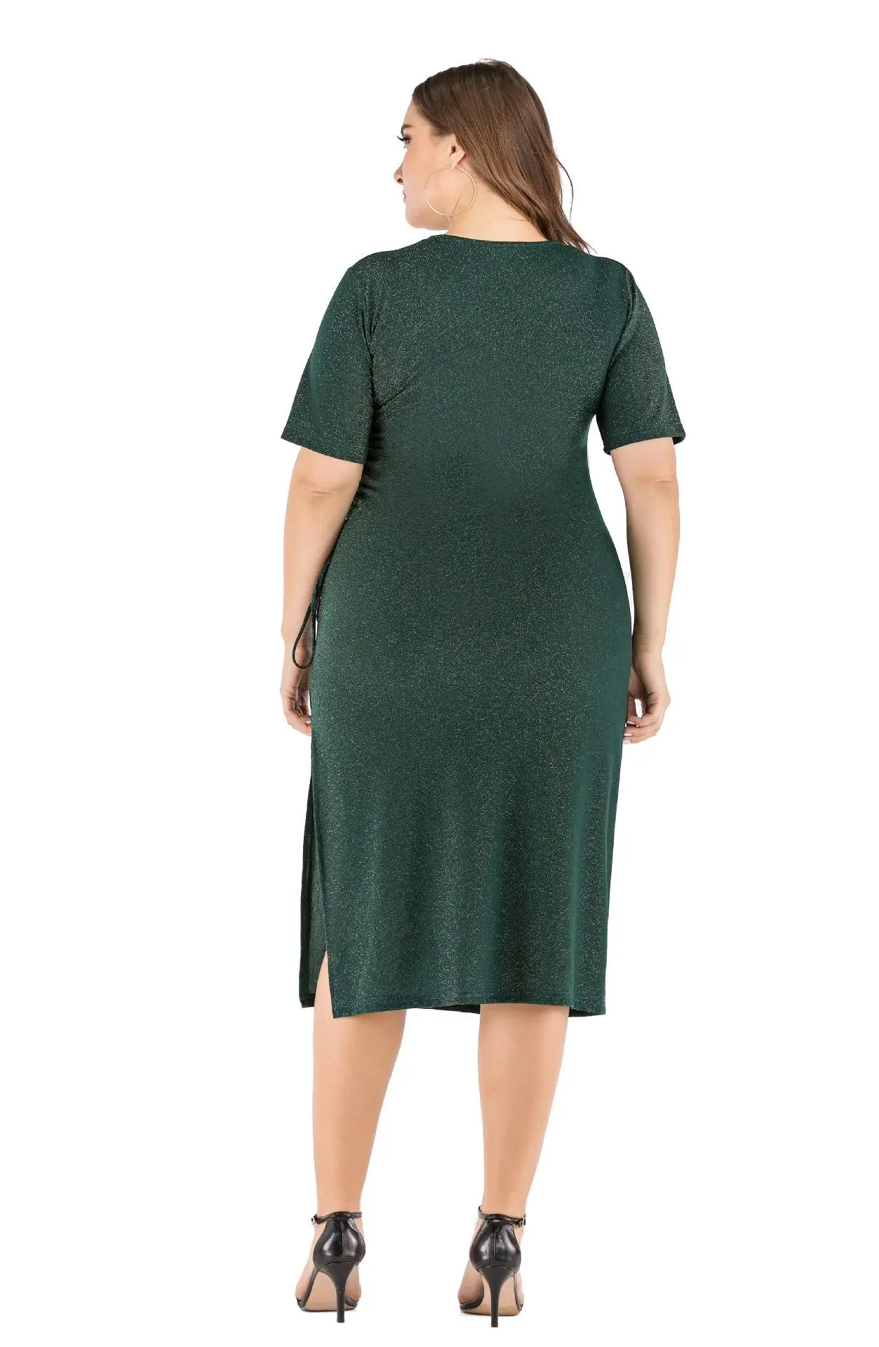 4XL 5XL женское весеннее блестящее платье большого размера элегантное офисное платье с v-образным вырезом и длинными Рюшами Плюс Размер облегающее женское Красное Ночное платье