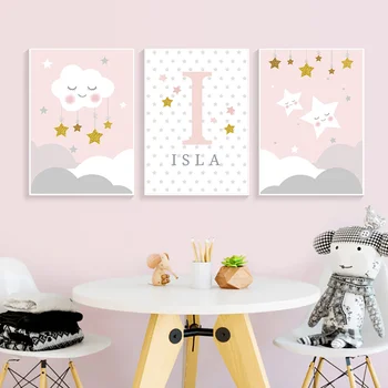 

Wall Art Canvas Painting Nordic Posters Personalized Girl's Name Custom Cloud Stars Nursery Prints Pictures For Baby Bedroom