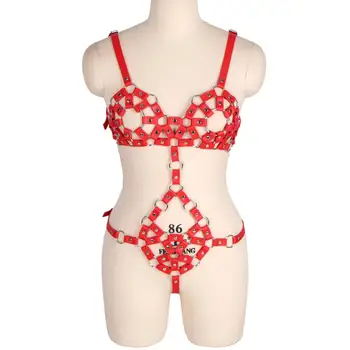 

Red Lingerie Leather Bondage Top Gothic Punk Waist Belt Pole Dance Rave Cage Suspender Women Bodysuit Strap Harness Bra Set