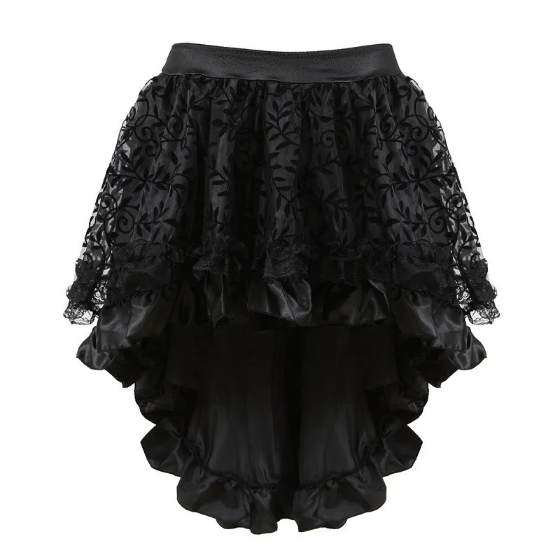 Victorian Asymmetrical Ruffled Satin& Lace Trim Gothic Skirts Ball Gown Vintage Steampunk Plus Size Skirt Cosplay Costumes