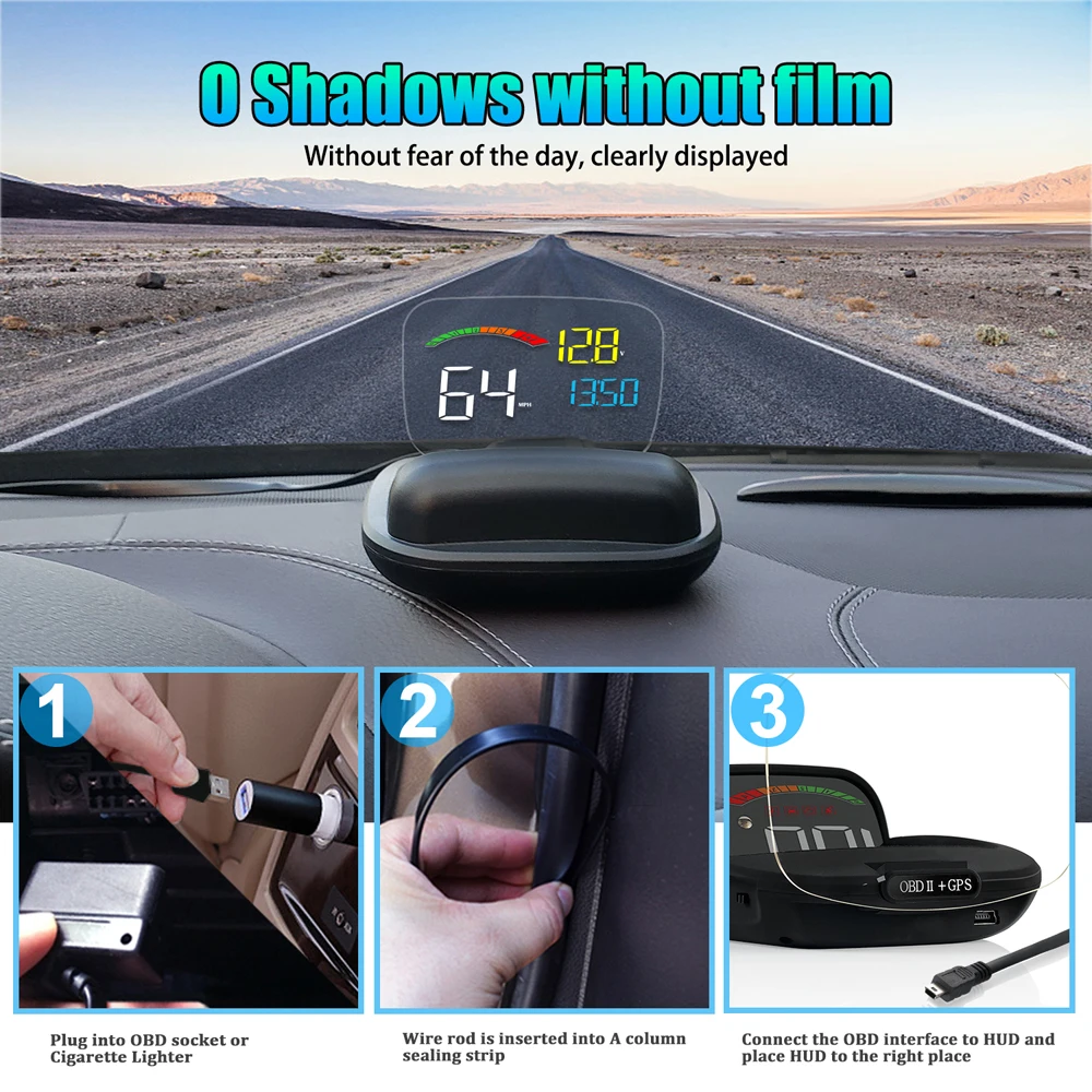 OBDII+ gps-системы, автомобильный HUD Дисплей, Универсальный для всех автомобилей, Предупреждение о превышении скорости, без теней, без пленки