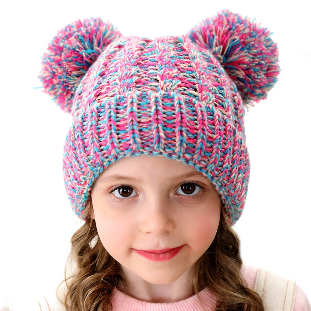 Зимняя шапка для детей, детская вязаная шерстяная шапка с помпоном, милая шапка для девочек и мальчиков, повседневные однотонные детские шапки для девочек, детские шапки