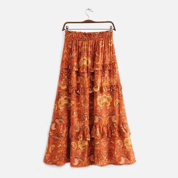 

Women's Elastics Waist Floral Printed Skirt Boho A-Line Ruffles Vintage Skirts Female 2020 Spring Summer Casual Lady Bottoms