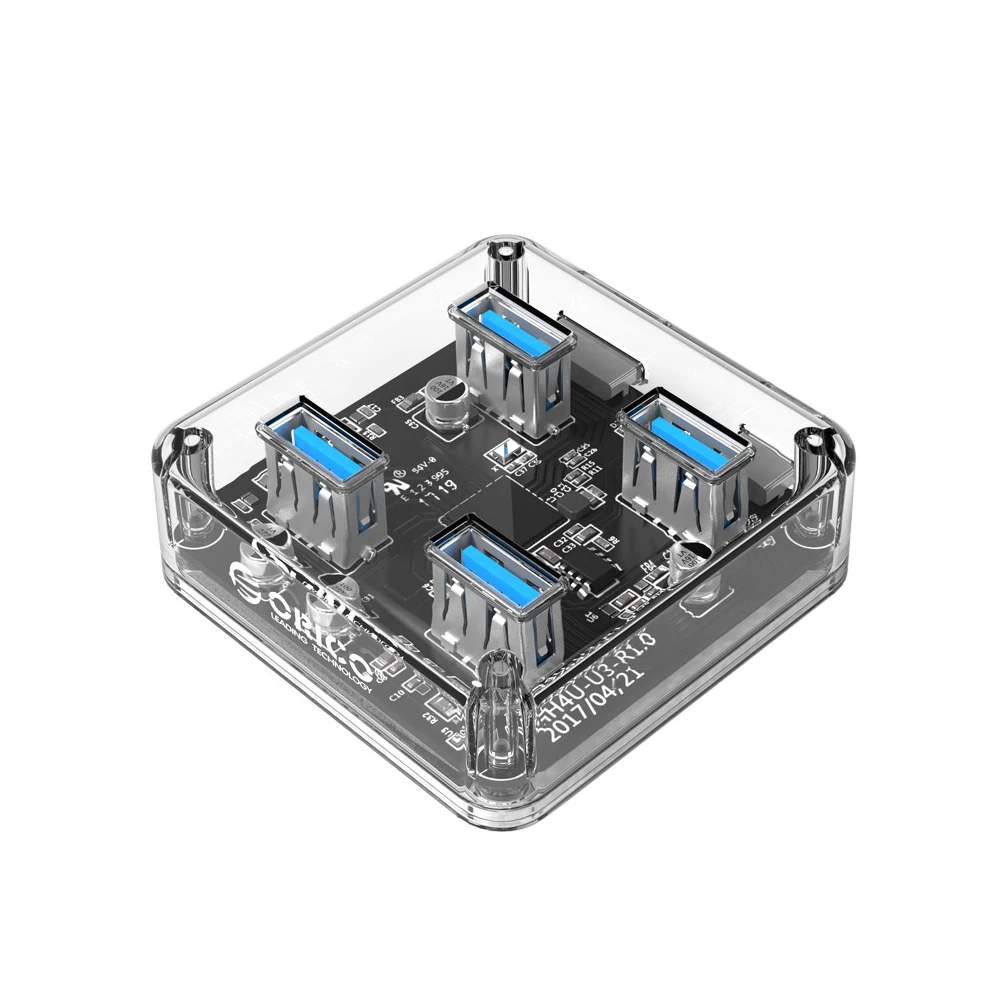 ORICO Прозрачный USB 3,0 концентратор 4 порта Высокоскоростной USB разветвитель с зарядным интерфейсом для Windows Mac Linux ноутбука ПК USB