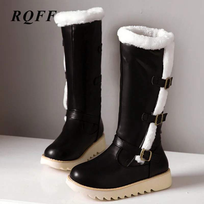 Black Autumn Winter Mid Calf Boots Women Plus Big Size 10 Snow Boot Flat With Med Heel Shoe Woman Yellow Brown Faux Fur Platform
