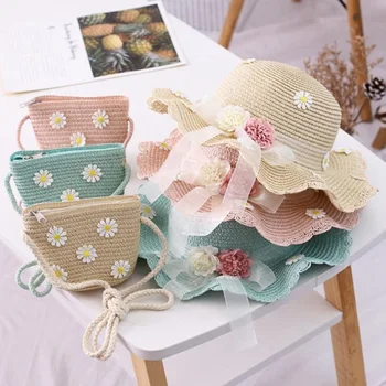 

Summer Flower Breathable Hat Straw Hat With Handbag Bags Kids Hat Boy Girls Sun Protection Children's Daisy Straw Hat Bag Set