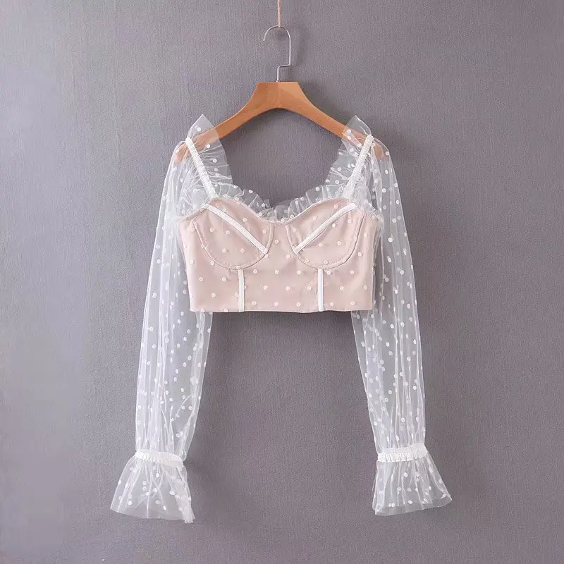 Linjiashop осень пикантные Клубные вечерние ночное кружевное Прозрачное нижнее белье Белый Топ для женщин в черный горошек для маленьких девочек элегантное платье с длинными рукавами Топ mujer
