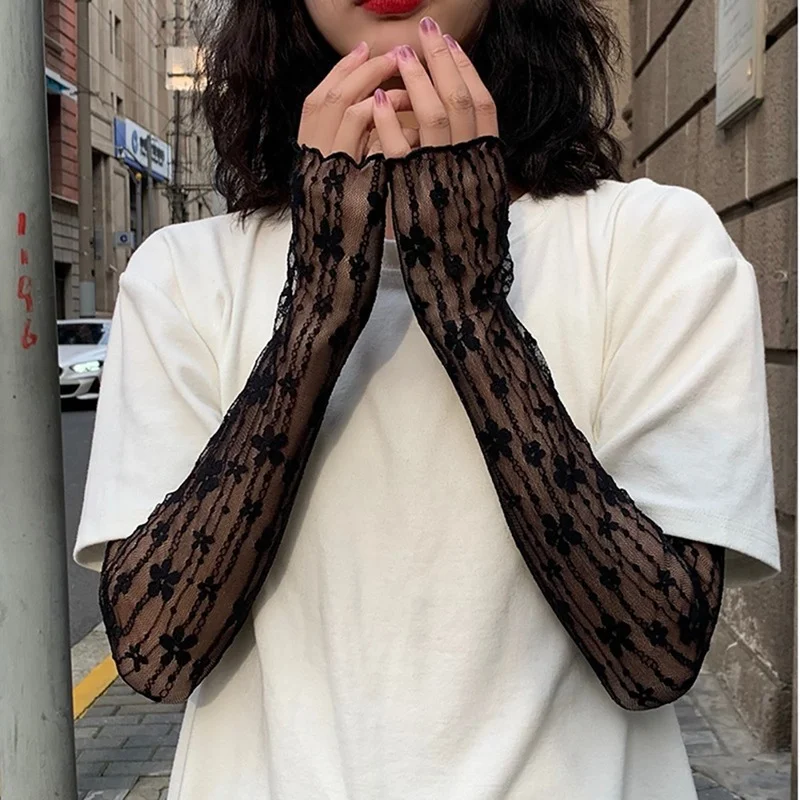 New Long Lace Hollow-Out Fingerless Gloves Sun Protection Sleeves Mesh Thin Cycling White | Аксессуары для одежды