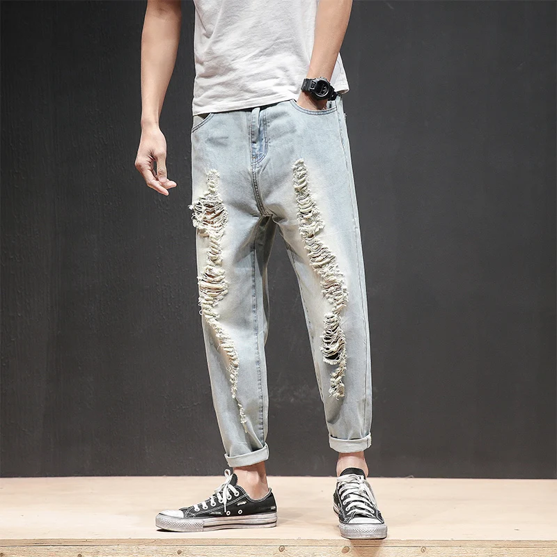 Zomer Mannen Losse джинсы Mode Lente зауженные повседневные джинсы Mannen Persoonlijkheid Gat джинсы Broek Homme
