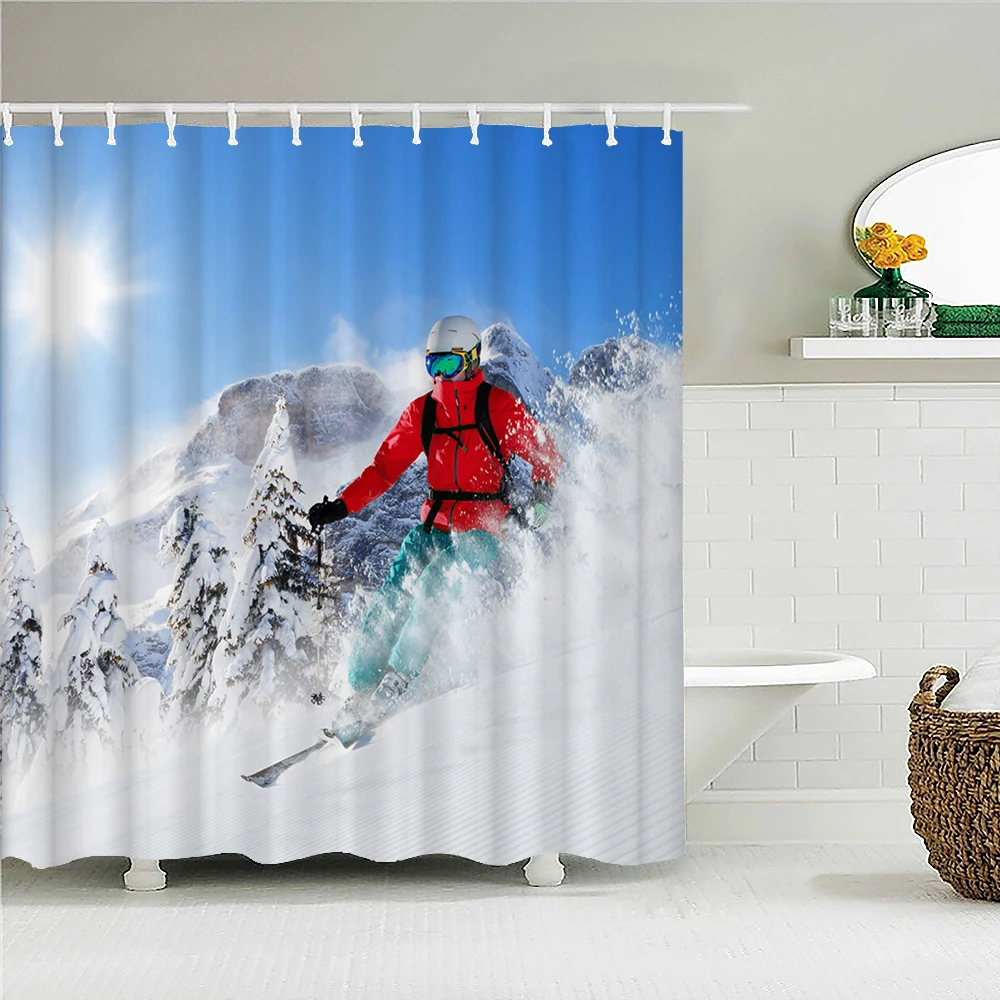 3d Snow Scene Ski Landscape Printing Bathroom Waterproof Shower Curtain
