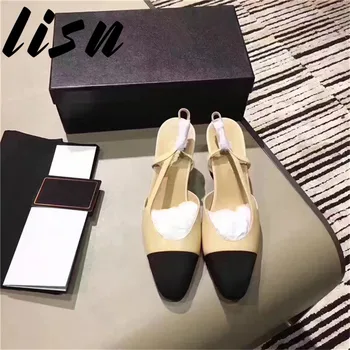 

OllyMurs New Beige Genuine Leather Rund Toe Spring Summer Pumps Elastic Band Slip On Middle Heel Pumps Shoes Women