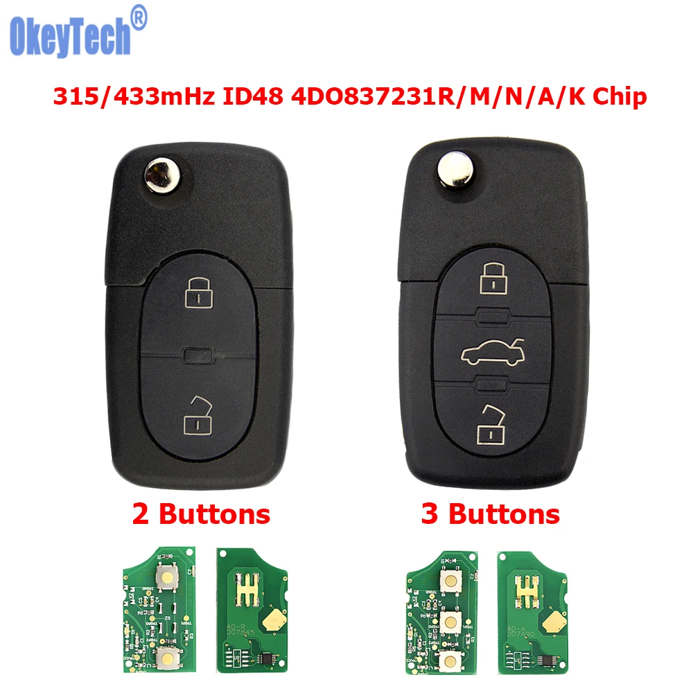 OKEYTECH REMOTE CONTROL FOR AUDI CAR KEY FOR AUDI TT A4 A6 A8 QUATTRO RS4 1995-2004 2 3 4 BUTTONS 433MHZ ID48 CHIP UNCUT BLADE