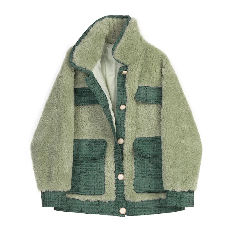 [EAM] Loose Fit Contrast Color Lambswool Split Jacket New Lapel Long Sleeve Women Coat Fashion Tide Autumn Winter 1K554 - Цвет: green
