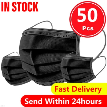 

50PCS Mask Disposable Face Masks Earloop Mouth Mask Black Non-woven Melt Blown 3 Layer Filter Dust Adult Mascarilla In Stock!