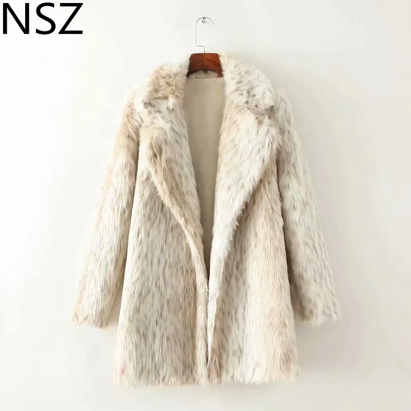 NSZ women animal printed elegant faux fur coat teddy bear chic jacket shaggy winter warm outerwear fashion overcoat