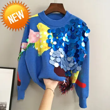 

Spring 2020 Women Blue Sweaters Pullover Runway Designer Luxury Sequined Christmas Korean Pull Knit Jumper Clothes