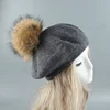 2022 New Big Real Fur Pompom Beret Women Vintage Artist Beret Hat Girls Autumn Spring Wool Knitted Cap ► Photo 2/6