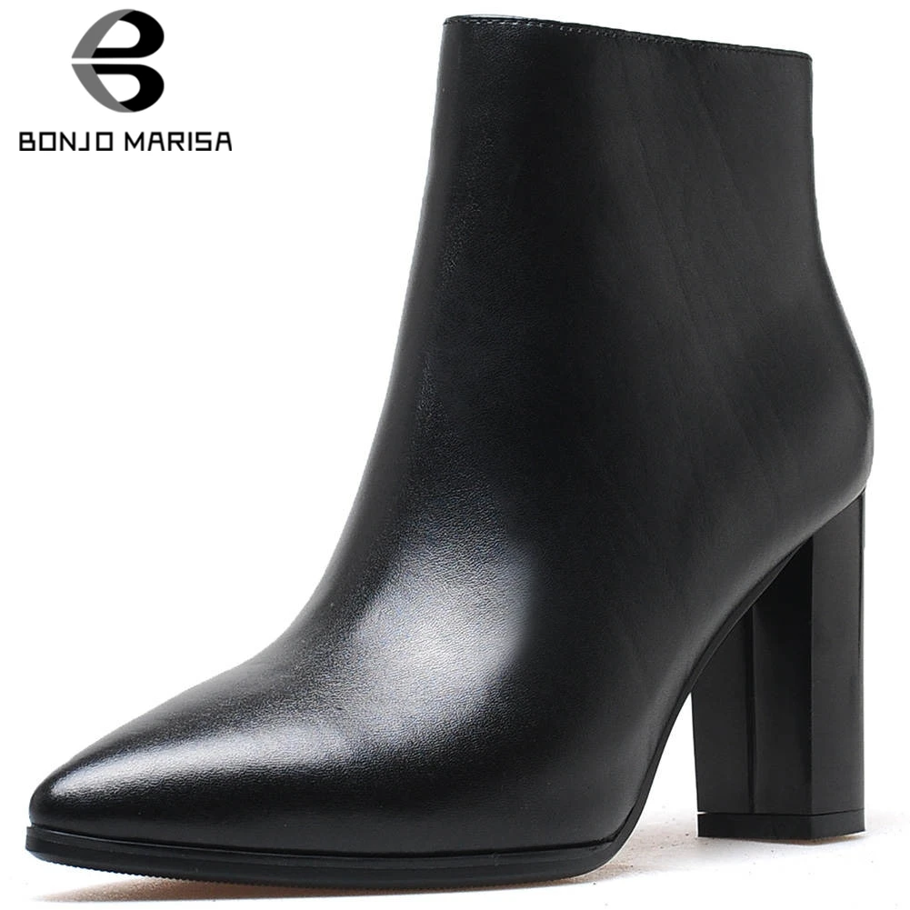 

BONJOMARISA New 33-42 Mature Black Pointed Toe Booties Ladies Genuine Leather Ankle Boots Women 2019 OL High Heels Shoes Woman