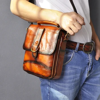 

Genuine Real Leather Male Fashion Casual Tote Messenger bag Design Satchel Crossbody One Shoulder bag 8" Tablet Pouch Men 143-or