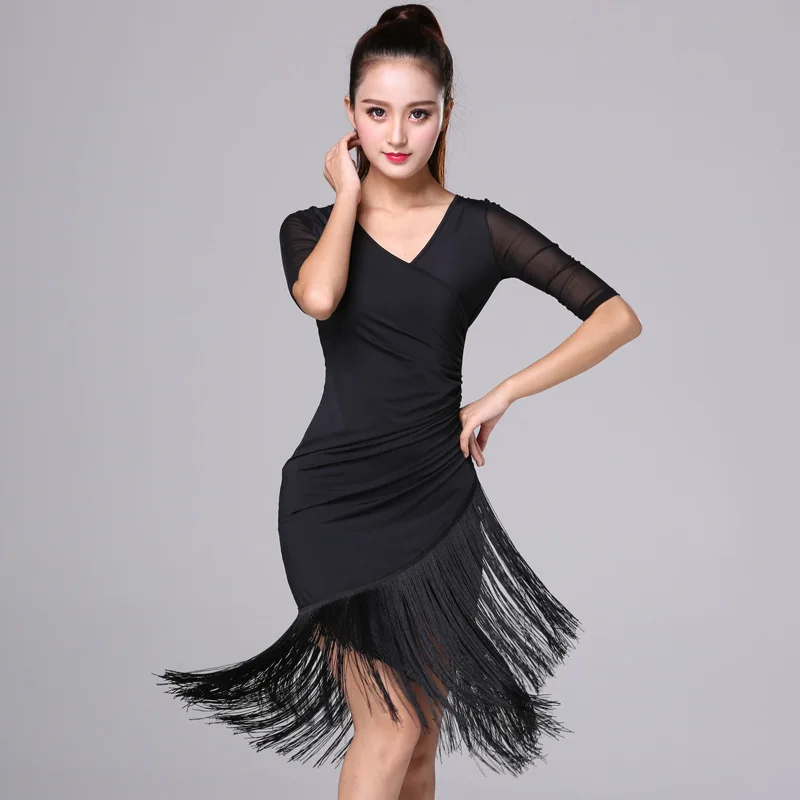 

New Latin Dance Dress Woman 2020 Summer Short Sleeve V-neck Tassel Slim Fit Dress Ballroom Tango Cha Cha Rumba Costumes