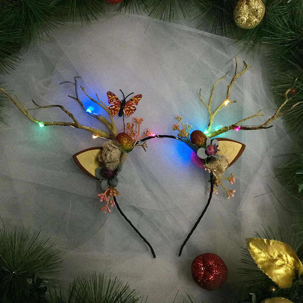 LED Reindeer Antlers Headband Christmas Deer Ear Flower Illuminate Crown Hair Clip Party Hairband Wedding Jewelry Gift