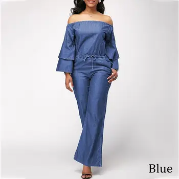 

VONDA Elegant Off Shoulder Strapless Jumpsuits 2020 Demin Wide Leg Ruffle Long Sleeve Rompers Boot Cut Pants Pantalon Plus Size