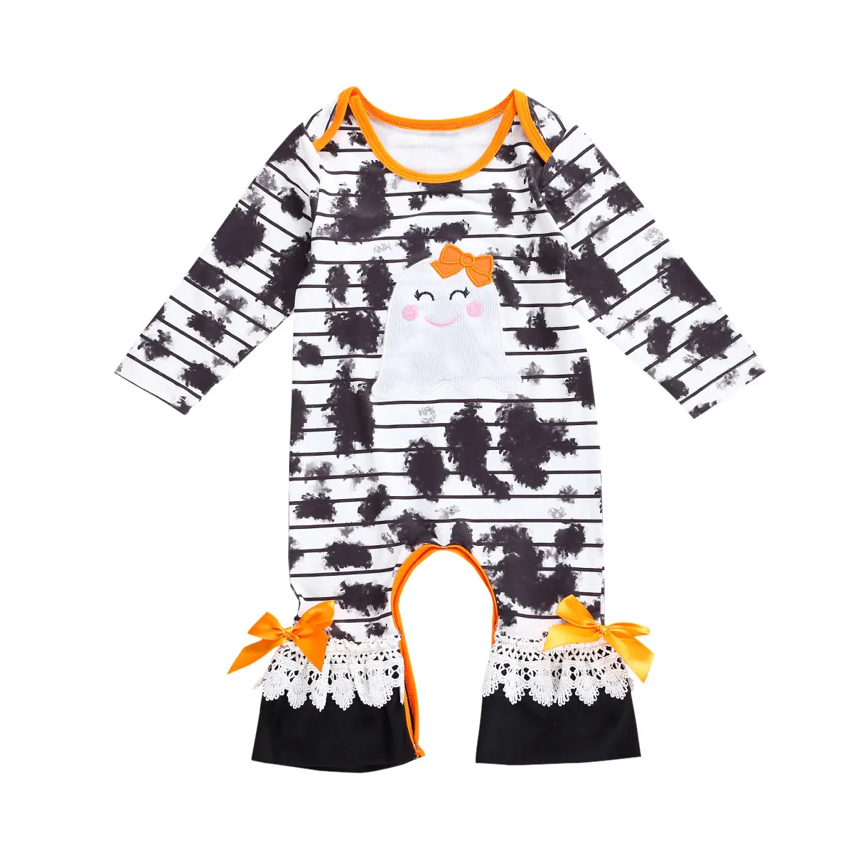 0-24 Months Autumn Baby Girls Boys Rompers Halloween Costume Tie-Dye Printed Long Sleeve Ruffles Jumpsuits Outfits