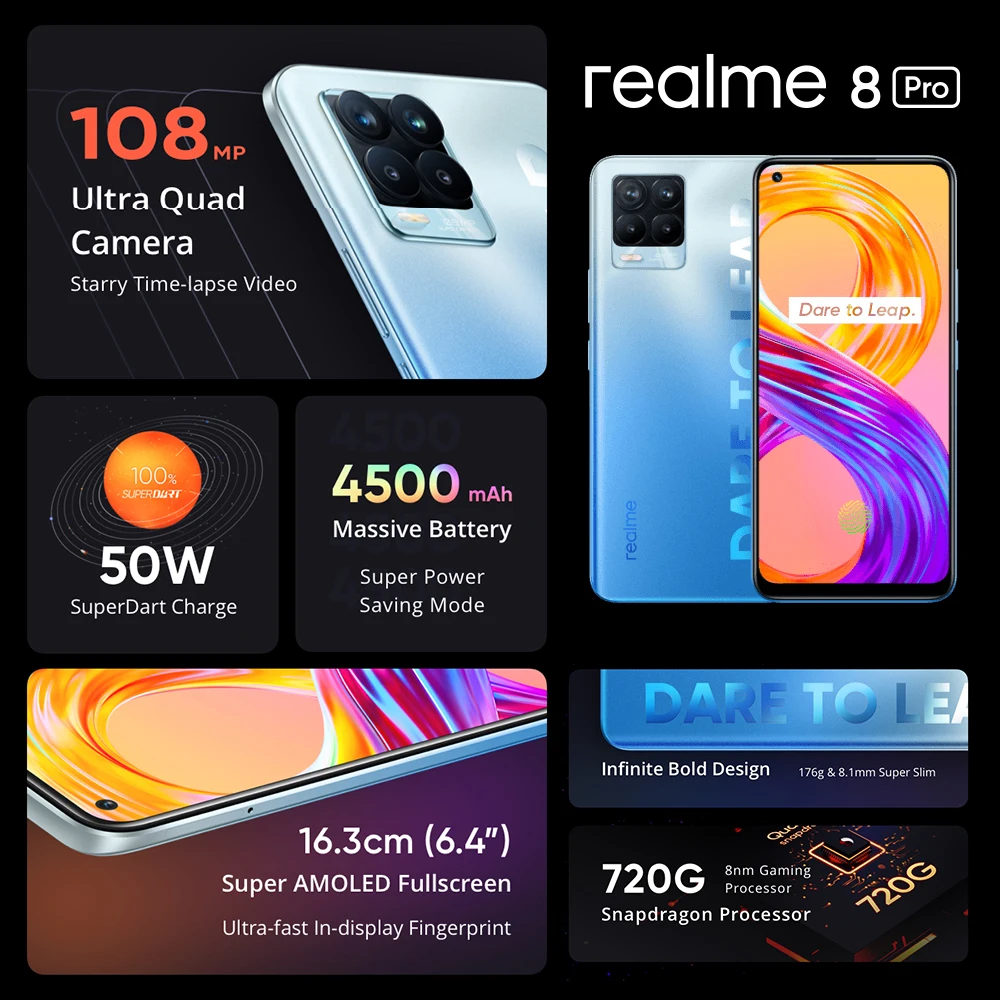 Russian Version realme 8 Pro 108MP Camera Snapdragon 720G Smartphone 6.4'' Display AMOLED 50W Super Dart Charge 4500mAh Battery