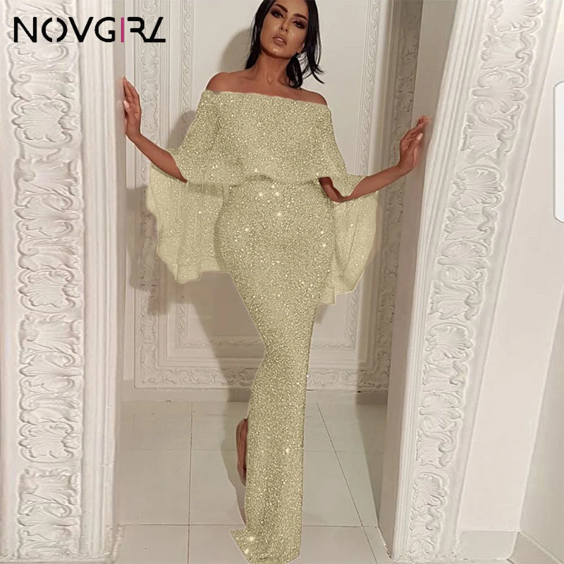 Novgirl/шикарное Макси-платье с люрексом и открытыми плечами; женское сексуальное облегающее платье без бретелек с оборками; вечерние платья золотистого цвета с длинными рукавами; Robe De Soiree