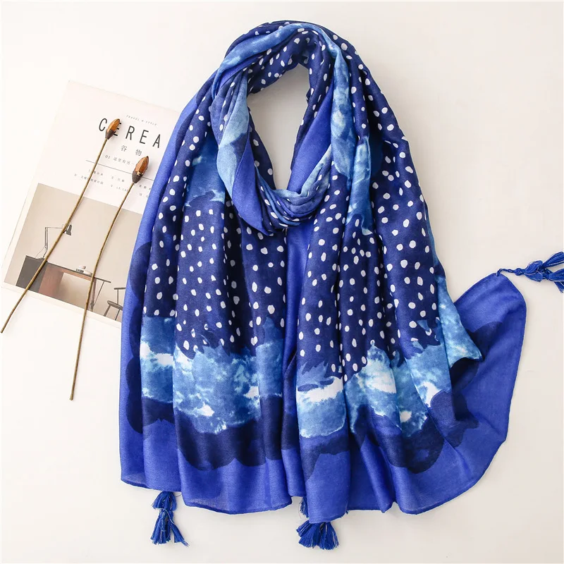 

Fashion Navy Blue Dot Floral Tassel Viscose Hijab Shawls and Wraps Female Foulards Echarpe Brand Designer Muslim Sjaal 180*90Cm