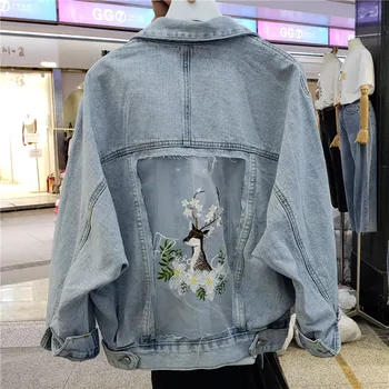 

Back Hollow + Mesh Embroidery Denim Jacket Women's 2020 Spring Fall New Loose Cropped Jeans Jackets Coat Student Jean Coats Tops