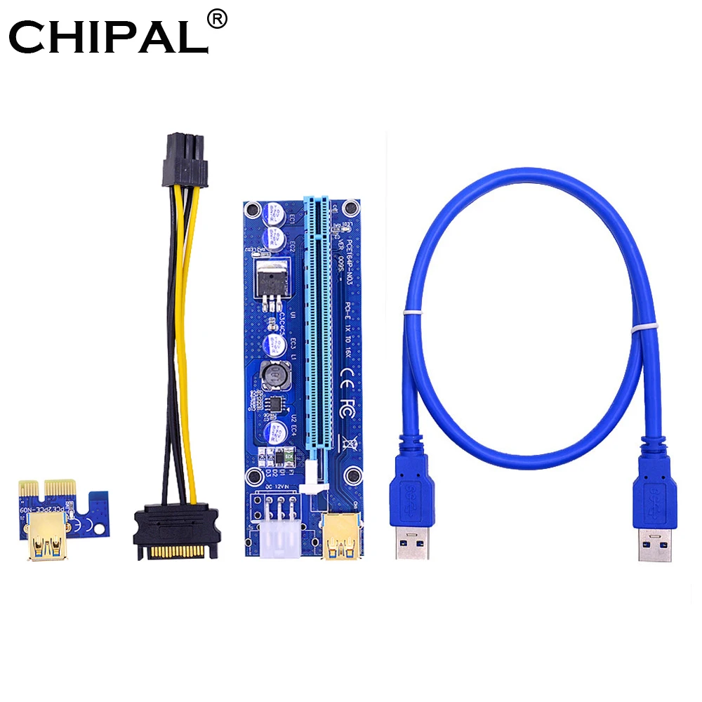 CHIPAL Blue 009S PCI-E Riser Card VER009 PCIE 1X to 16X Extender 6Pin Power 1M 0.6M 0.3M USB 3.0 Cable for Video Card Adapter