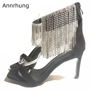 

Sexy One Strap High Heels Rhinestone Fringe Sandals Women Square Open Toe Thin High Heels Catwalk Shoes Crystal Tassel Sandals