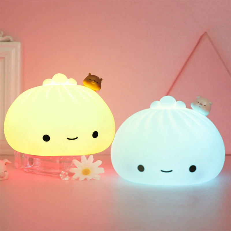 Cute LED Night Light Bun Dumpling Soft Lamp Colorful Silicone Pat Lamps For Bedroom Holiday Home Decoration Baby Children Gifts dinosaur night light