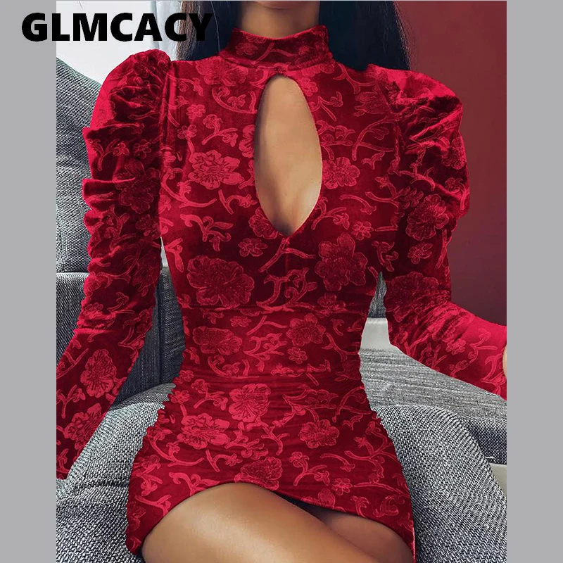 Women Mock Neck Embroidery Keyhole Mini Dress Sexy Hollow Out Long Sleeve Bodycon Mini Party Solid Dress Vestidos