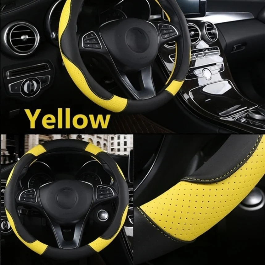 Yellow Спортивный стиль контрастный цвет нескользящий пот хороший дышащий PU кожзам 15 дюймов Чехол рулевого колеса автомобиля протектор - Название цвета: Yellow