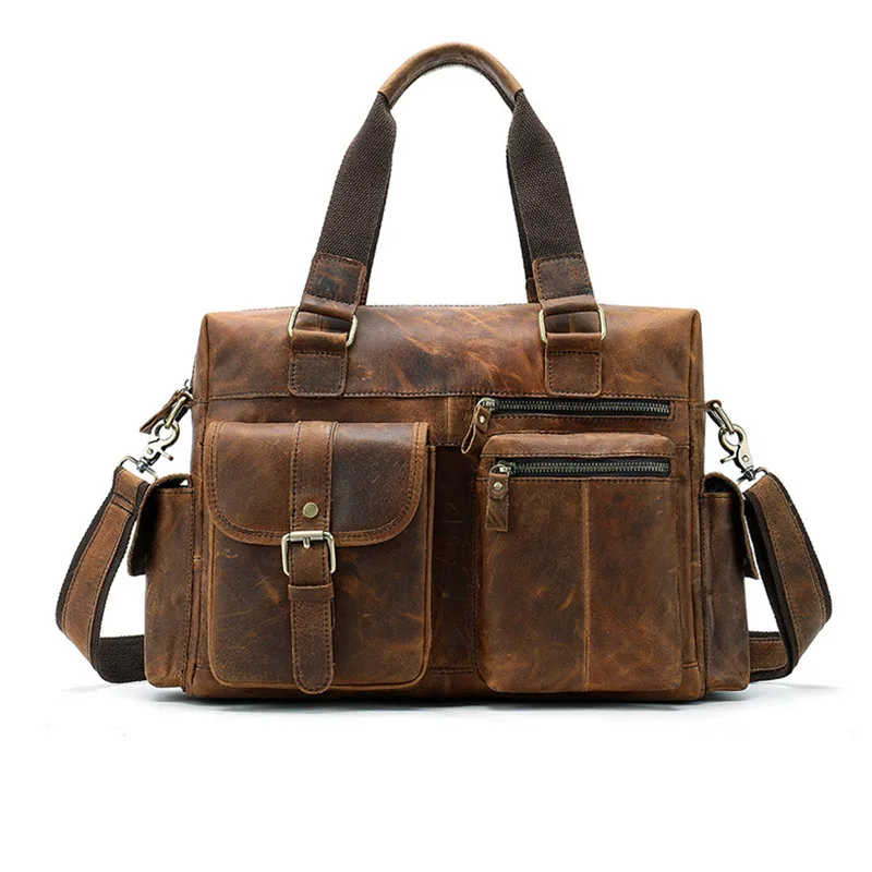 Мужской портфель, винтажный кожаный портфель crazy horse, сумка-мессенджер, подходит для 14 дюймов, сумка для ноутбука, большая вместительность, коровья кожа, деловые дорожные сумки