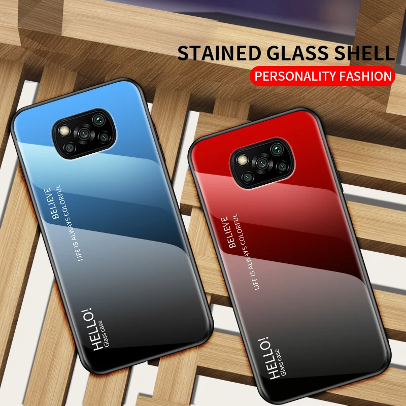Case For Xiaomi Poco X3 Pro Back Cover Luxury Gradient Tempered Glass Phone Cases NFC | Мобильные телефоны и аксессуары