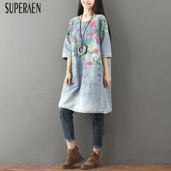 

SuperAen Denim Dress Women Casual Round Neck Summer and Spring New 2020 Ladies Dress Pluz Size Printed Half-sleeve Dresses