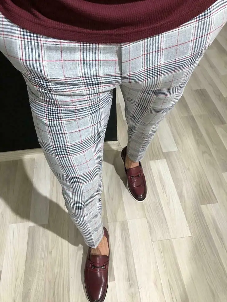 Fashion Mens Slim Fit Plaid Pants 