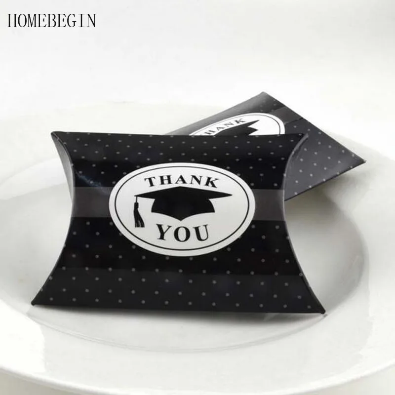 

100pcs "Thank You" Black Graduation Bachelor Cap Gift Box Sweets Box Pillow Candy Box Favors Graduation Party Supplies
