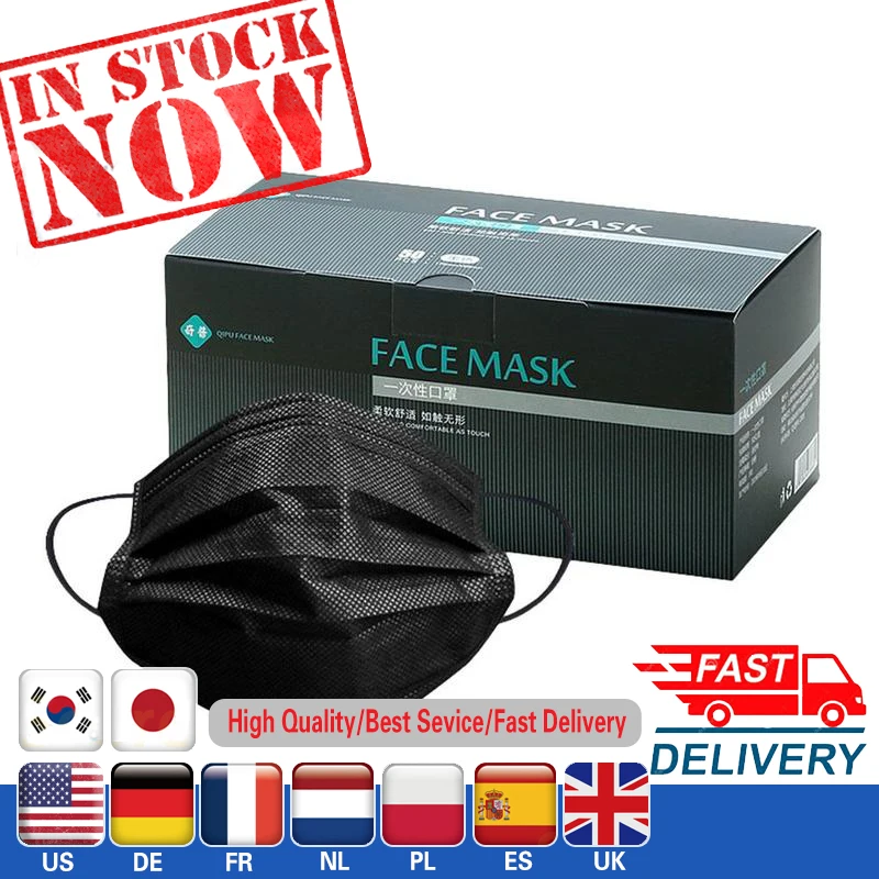 

50PCS 3 Layer Non-woven Dust Proof Flu Black Face Mask Thickened Disposable Mouth Mask Anti-Dust Protective Cover Mask Antibacte