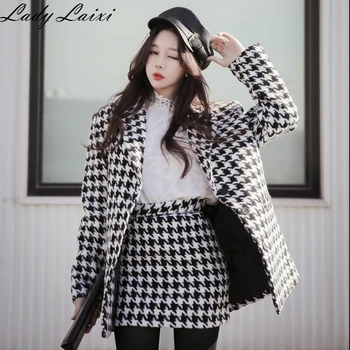 

2019 Winter Woman Tweed Wool Suit Clothes Women's Fashion Single breasted Houndstooth Jacket Coat + Mini Skirt Set fall outfits